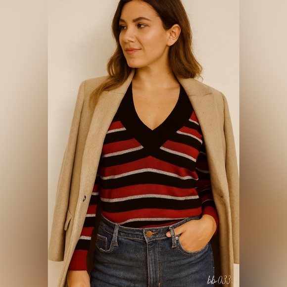 Express Sweaters - Express Red Black White Striped V Neck Sweater — Size S